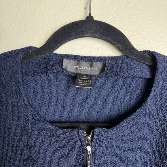 ST. JOHN Navy Blue Textured Knit Zip-Up Jacket White & Blue Hem Sz 10 - Picture 3 of 9